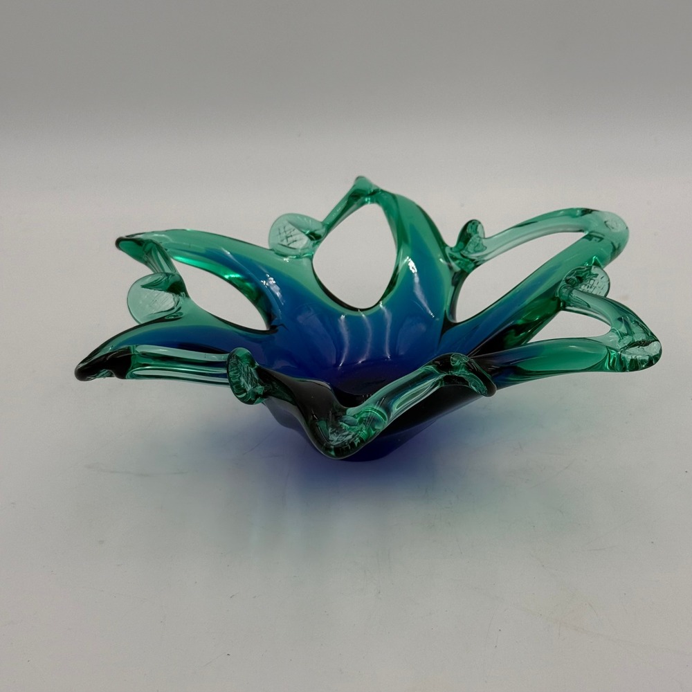 Vintage Art Glass Starburst Bowl Blue Green Hand Blown Centerpiece 9 Inch